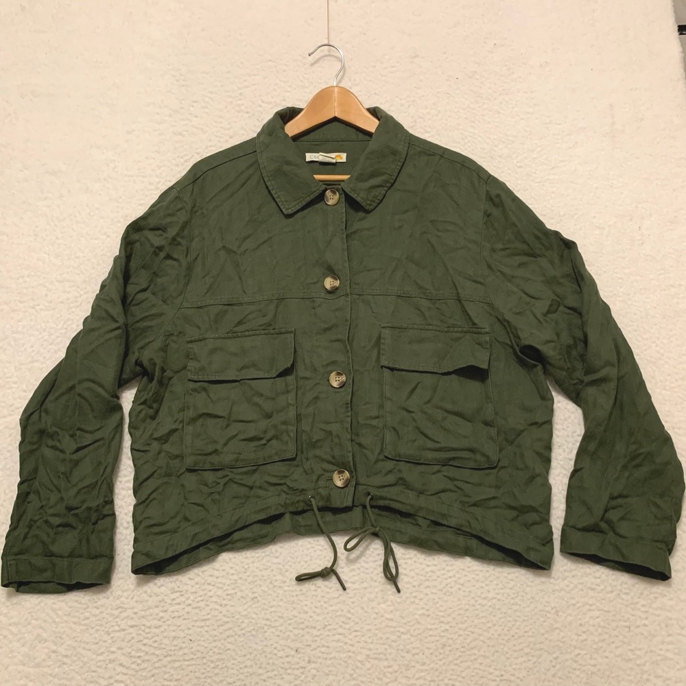 C&C California Utility Jacket Womens XL Linen Lyocell Blend Drawstring Hem Green